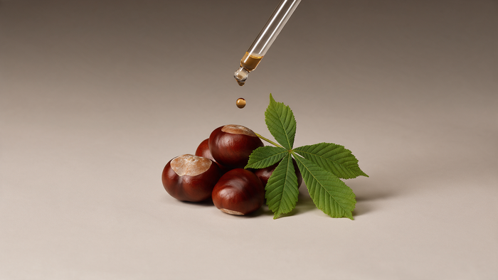 Horse chestnut seeds and leaves beside a serum dropper, the botanical source of escin