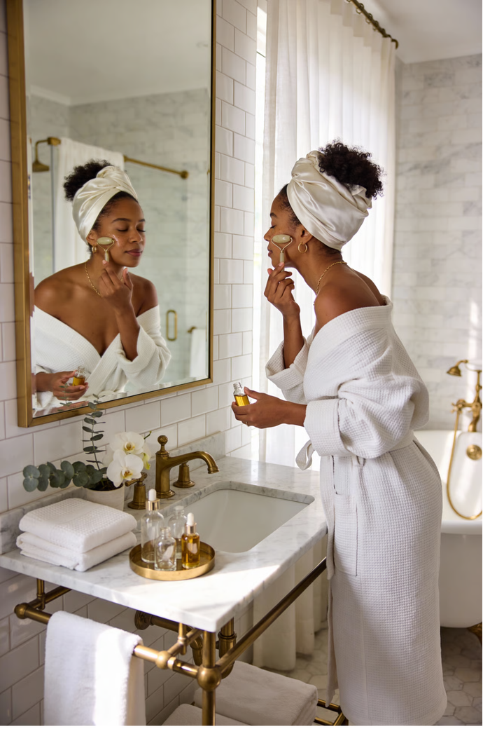 Woman in a white robe and head wrap applying serum at a bathroom mirror
