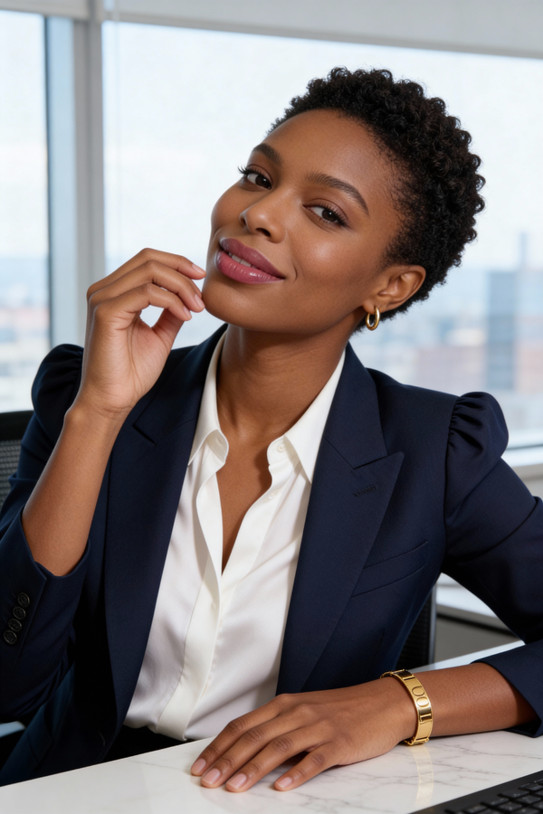 Woman in a navy blazer and white shirt seated at a desk, hand to her chin