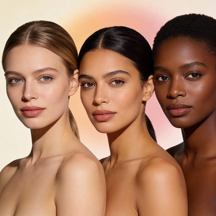 Three models of different skin tones side by side against a soft gradient