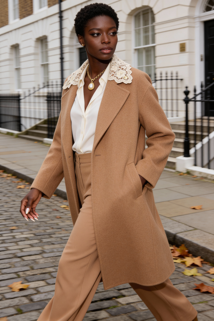 Woman in a camel coat and trousers walking a city street