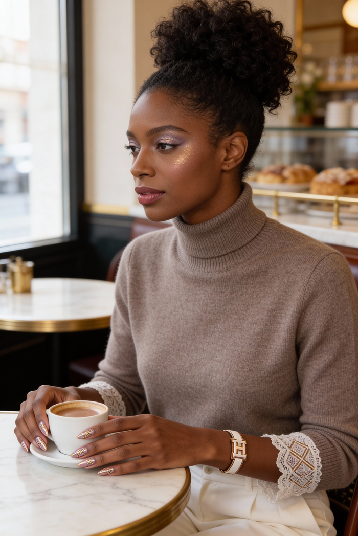 Woman with a curly updo in a cream turtleneck holding a cup in a cafe