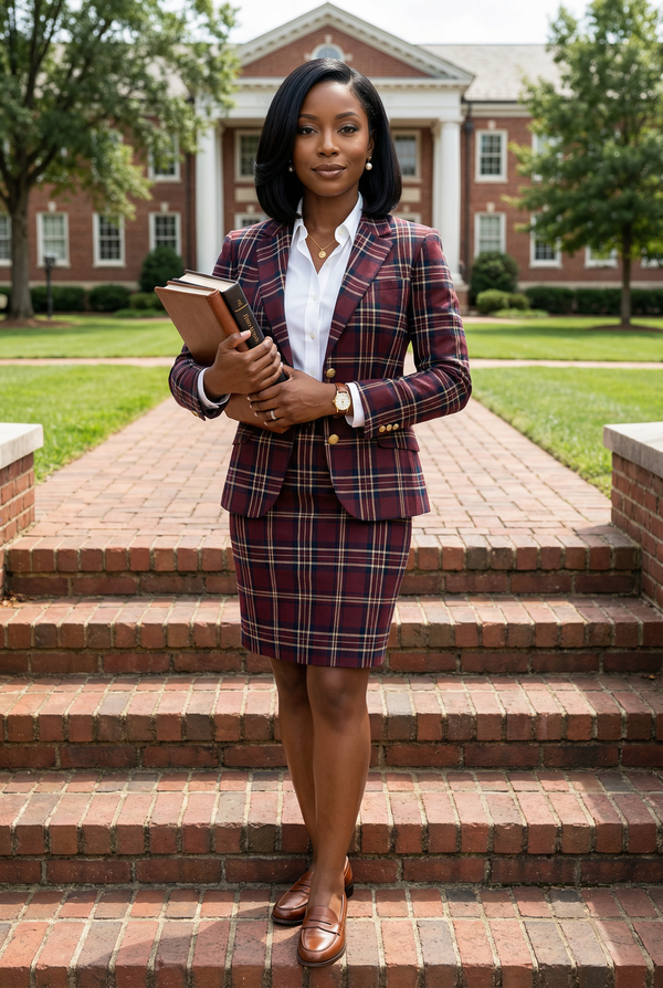 Woman in a plaid suit holding books on the brick steps of a campus building