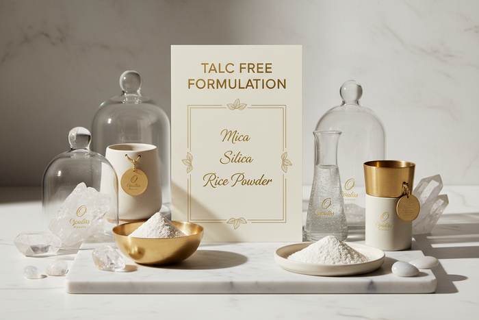 Apothecary style flat lay of mica, silica and rice powder under glass cloches