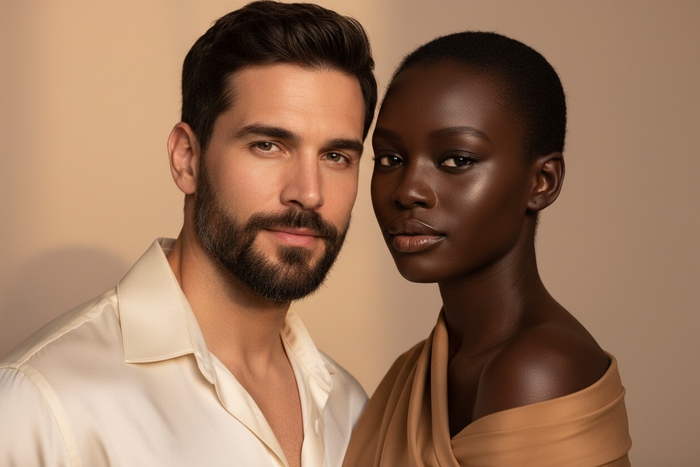 Jojoba oil for balanced healthy skin, diverse couple with radiant complexions