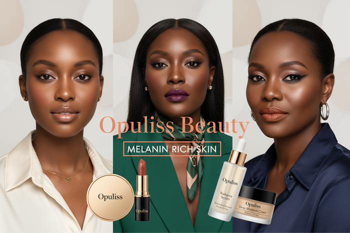 Three portraits of women with melanin rich skin beside Opuliss lipstick, serum and cream