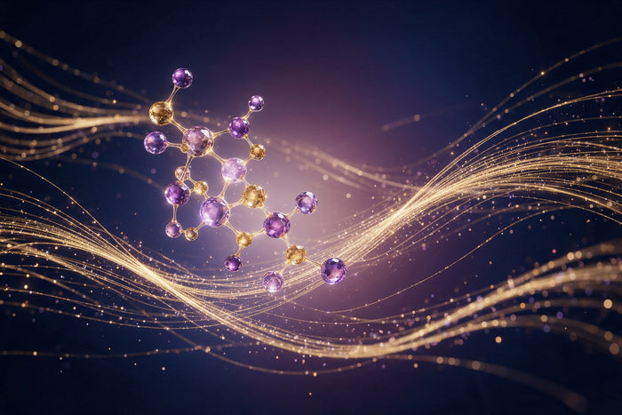 An abstract skincare science visual, a glowing violet and gold molecule with fine golden renewal light trails and particles on a deep navy background