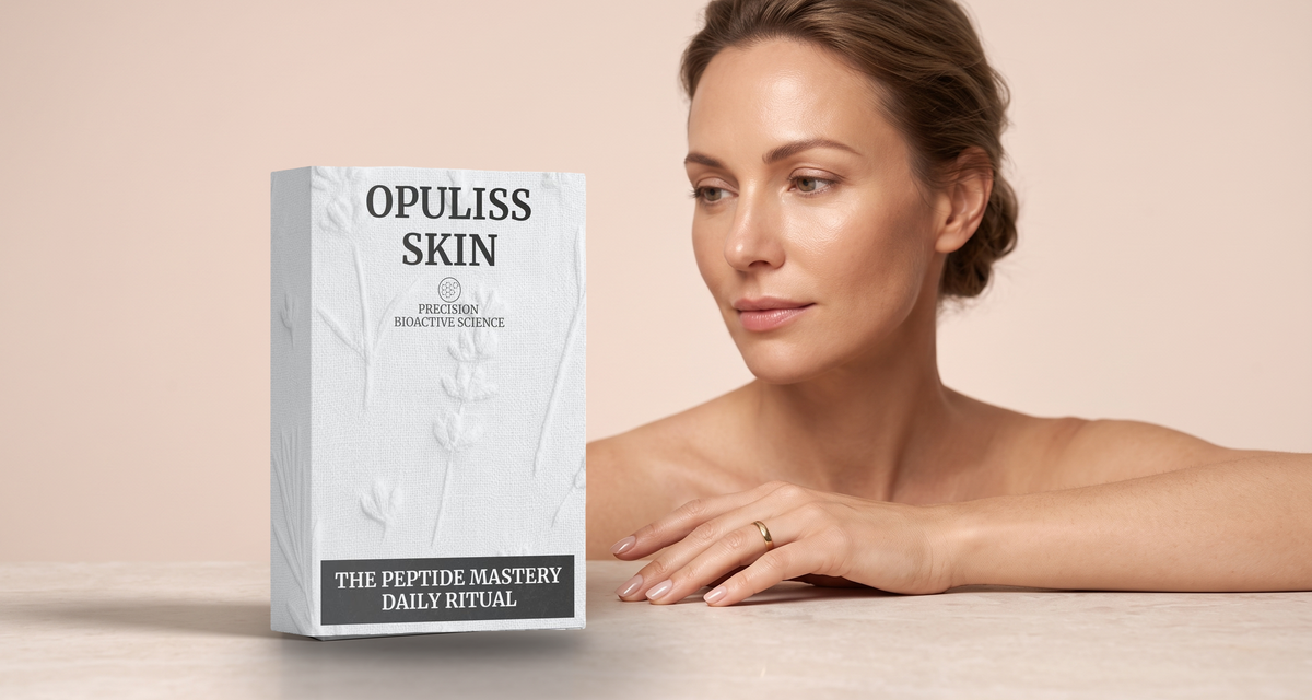 A woman beside the Opuliss Skin Peptide Mastery Daily Ritual gift box on a stone table