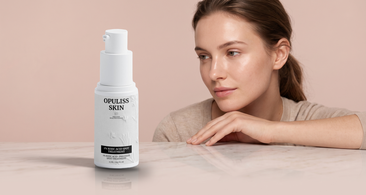 A woman resting her chin on her hand beside the Opuliss Skin 1% Kojic Acid Spot Treatment on a marble table