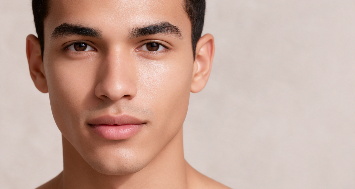 Close portrait of a young man with clear, even skin against a soft studio backdrop