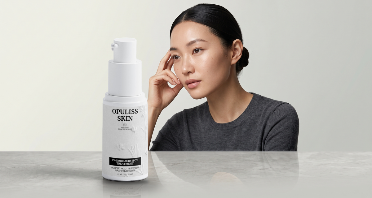 A woman with her fingers at her temple beside the Opuliss Skin 1% Kojic Acid Spot Treatment on a stone table