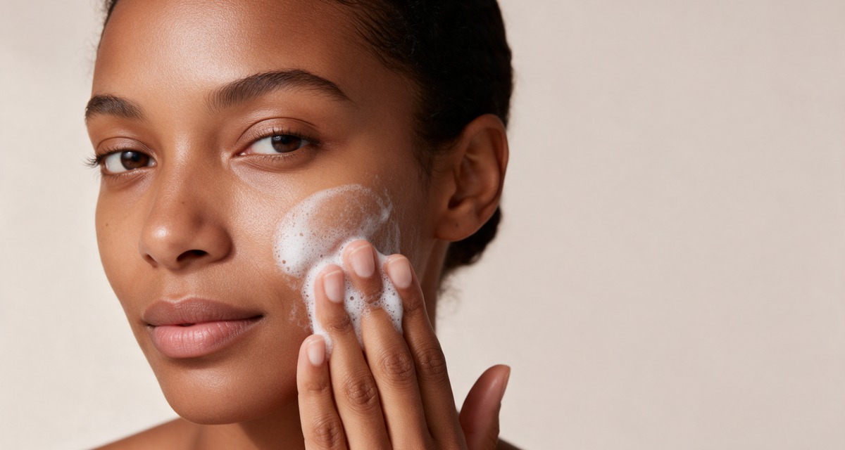 A woman massaging cleansing foam into her cheek against a soft studio backdrop