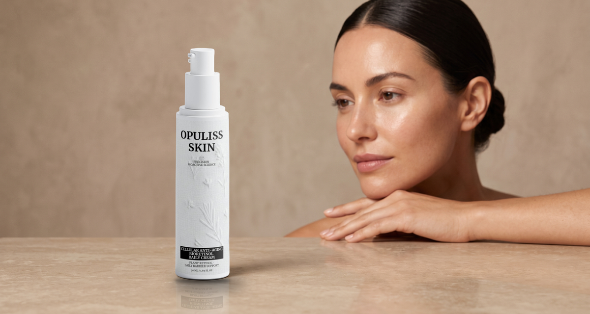 A woman resting her chin on her hands beside the Opuliss Skin Cellular Anti-Aging Bioretinol Daily Cream on a stone table