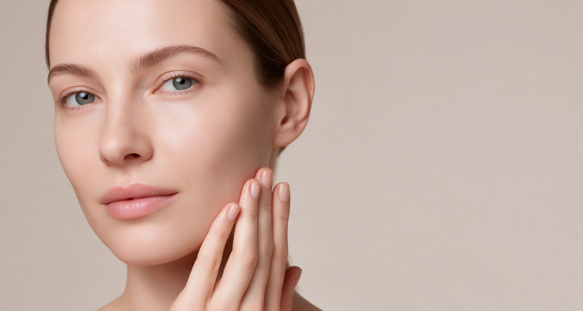 Close portrait of a woman with calm, even-toned skin against a soft studio backdrop
