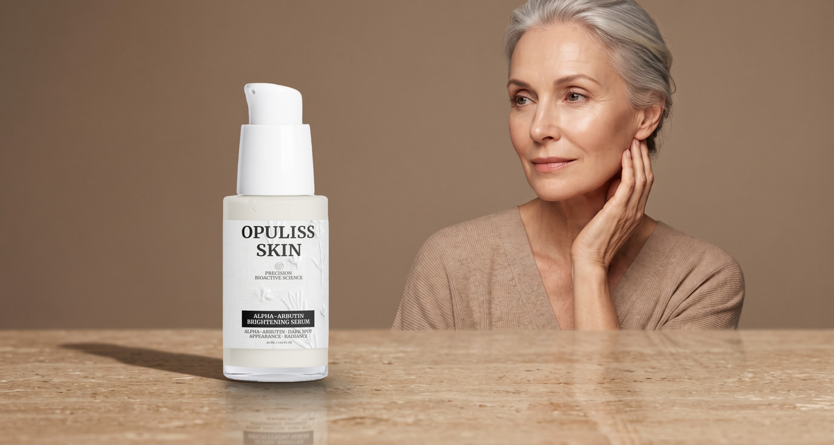 A silver-haired woman beside the Opuliss Skin Alpha-Arbutin Brightening Serum on a travertine table