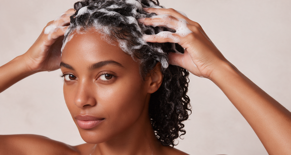 A woman lathering shampoo into her scalp against a soft studio backdrop