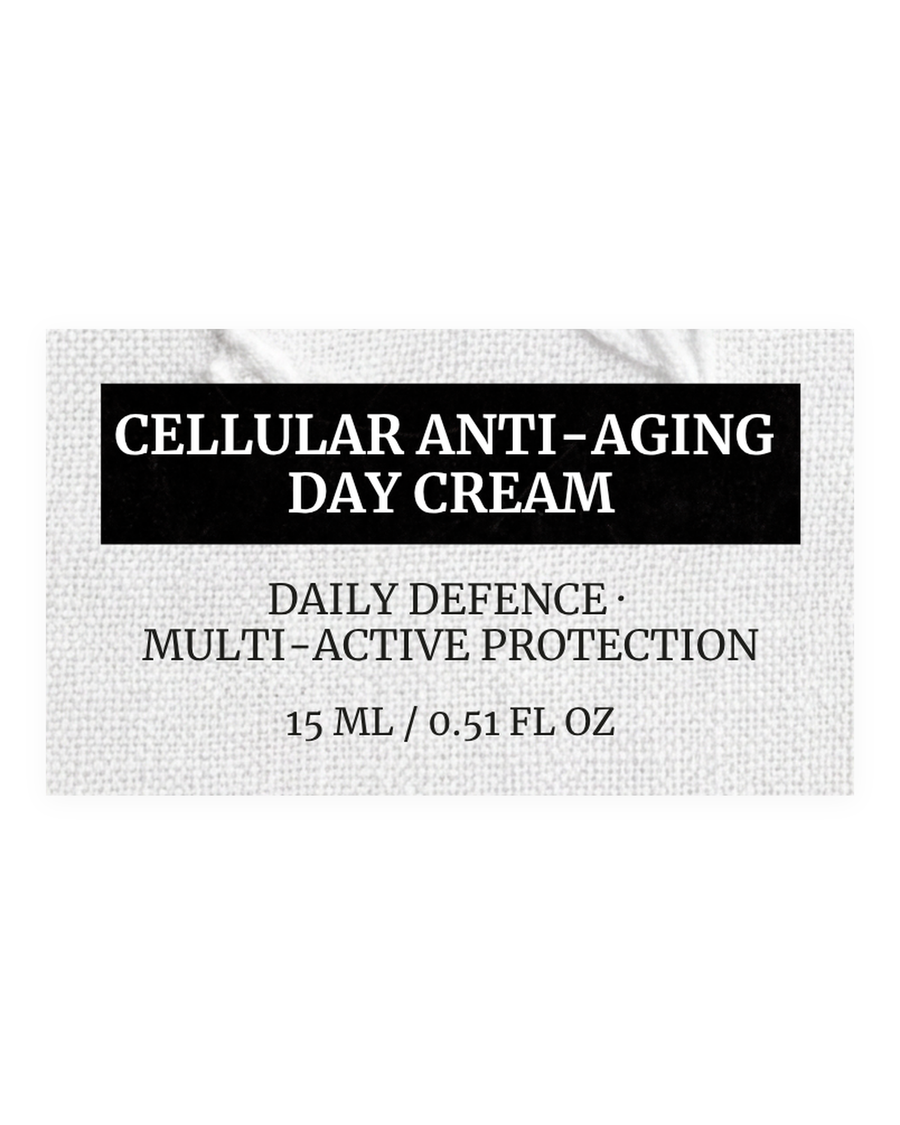 CELLULAR ANTI-AGING PROTECTIVE DAY CREAM product label, daily defence, multi-active protection, 15 ml / 0.51 fl oz