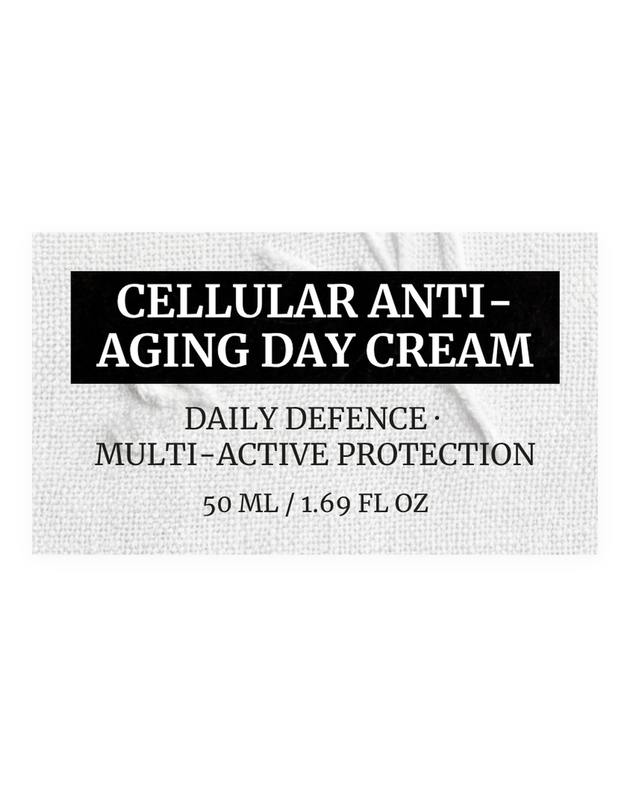 CELLULAR ANTI-AGING PROTECTIVE DAY CREAM product label, daily defence, multi-active protection, 50 ml / 1.69 fl oz