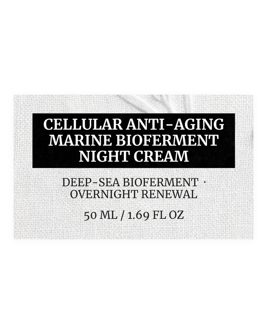 CELLULAR ANTI-AGING MARINE BIOFERMENT NIGHT CREAM product label, deep-sea bioferment, overnight renewal, 50 ml / 1.69 fl oz