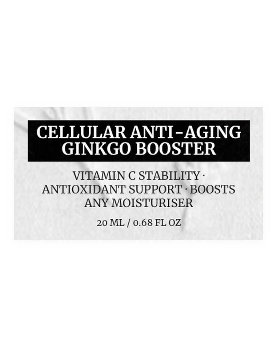 CELLULAR ANTI-AGING GINKGO BOOSTER product label, vitamin c stability, antioxidant support, boosts any moisturiser, 20 ml / 0.68 fl oz