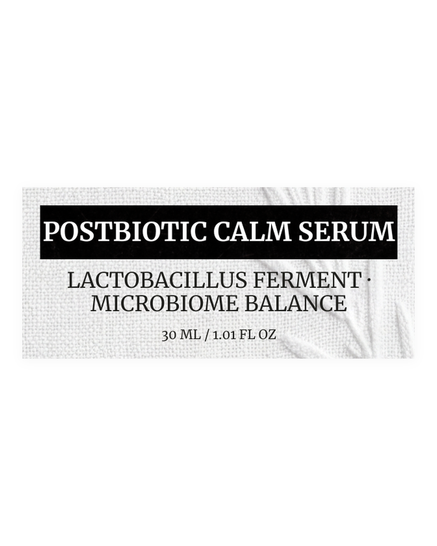 POSTBIOTIC CALM SERUM product label, lactobacillus ferment, microbiome balance, 30 ml / 1.01 fl oz