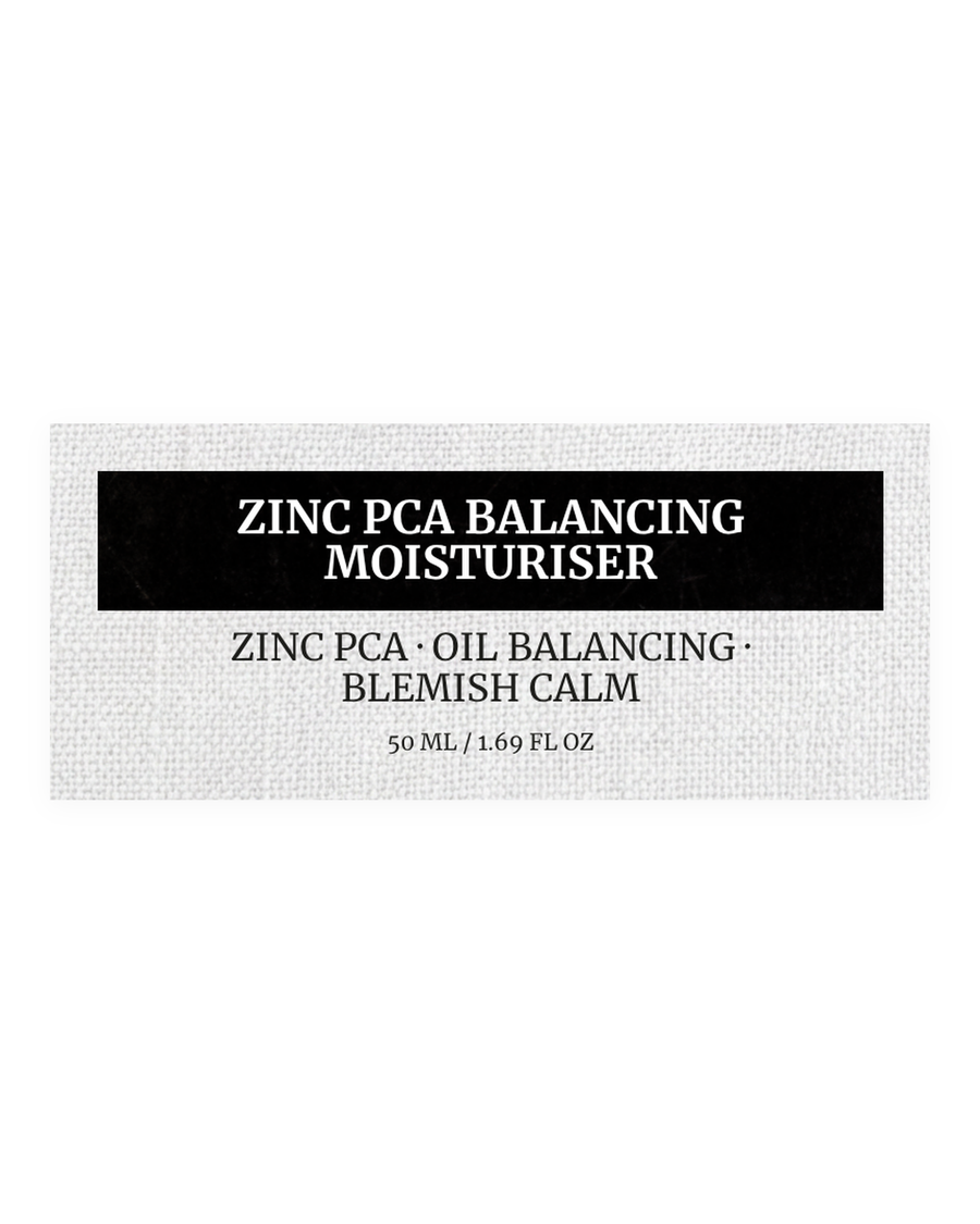 ZINC PCA BALANCING MOISTURISER product label, zinc PCA, oil balancing, blemish calm, 50 ml / 1.69 fl oz