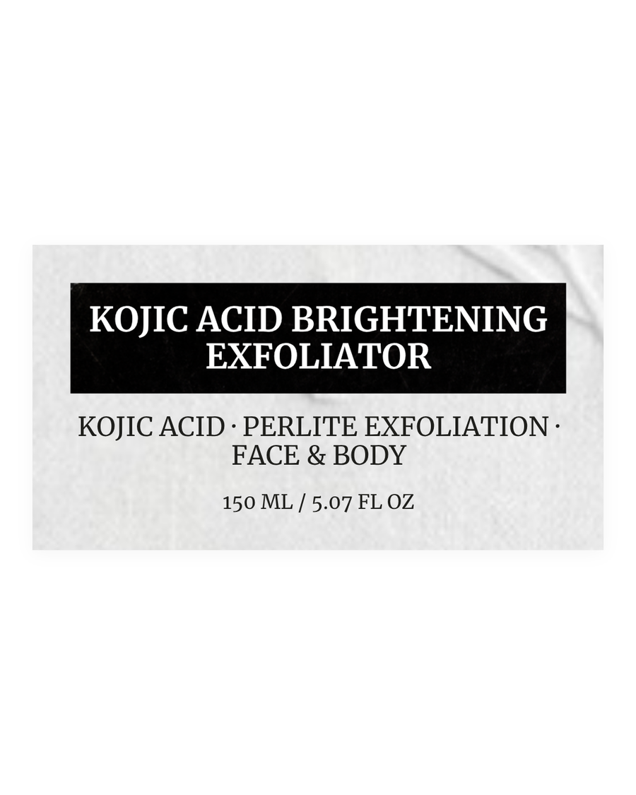 KOJIC ACID BRIGHTENING EXFOLIATOR product label, kojic acid, perlite exfoliation, face & body, 150 ml / 5.07 fl oz