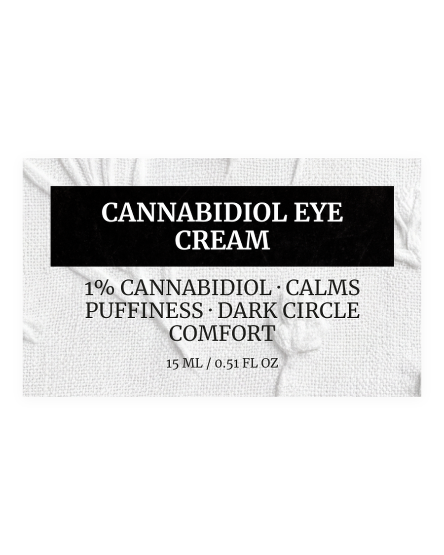 CANNABIDIOL EYE CREAM product label, 1% cannabidiol, calms puffiness, dark circle comfort, 15 ml / 0.51 fl oz