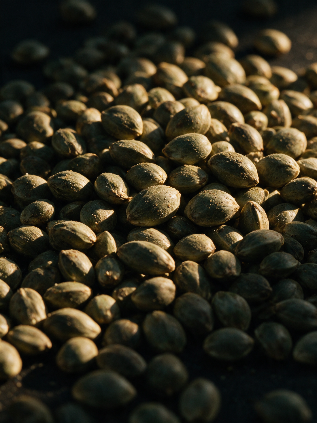 Raw hemp seeds spilling in a heap, mottled grey-green husks