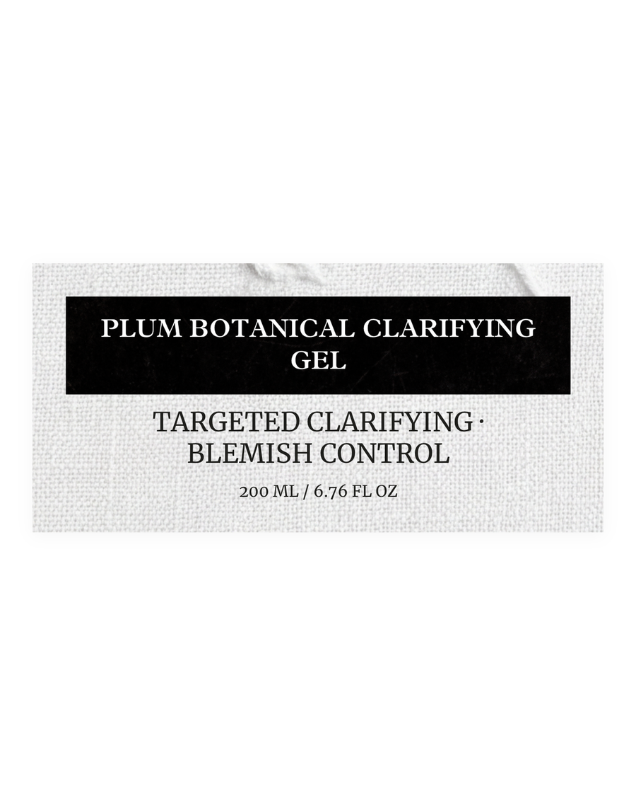 PLUM BOTANICAL CLARIFYING GEL product label, targeted clarifying, blemish control, 200 ml / 6.76 fl oz