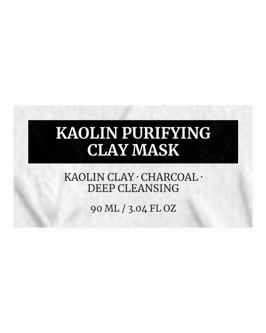 KAOLIN PURIFYING CLAY MASK product label, kaolin clay, charcoal, deep cleansing, 90 ml / 3.04 fl oz