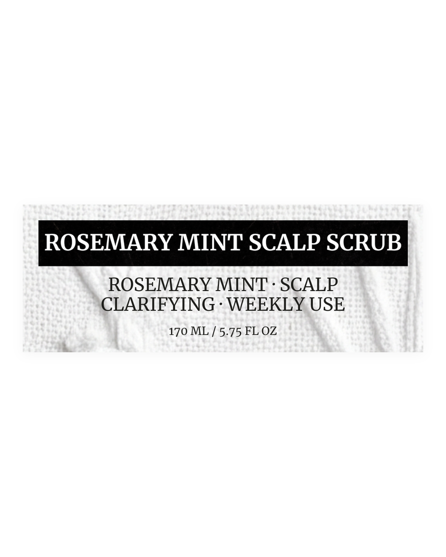 ROSEMARY MINT SCALP SCRUB product label, rosemary mint, scalp clarifying, weekly use, 170 ml / 5.75 fl oz