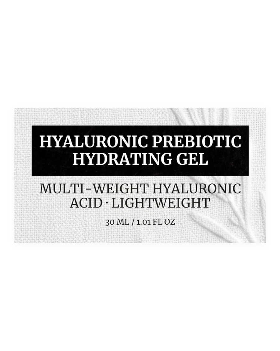 HYALURONIC PREBIOTIC HYDRATING GEL product label, multi-weight hyaluronic acid, lightweight, 30 ml / 1.01 fl oz