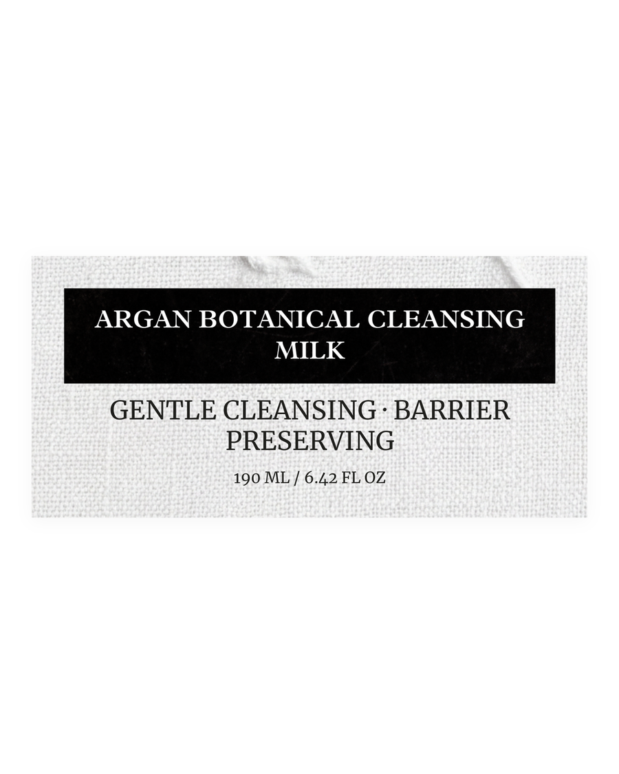 ARGAN BOTANICAL CLEANSING MILK product label, gentle cleansing, barrier preserving, 190 ml / 6.42 fl oz