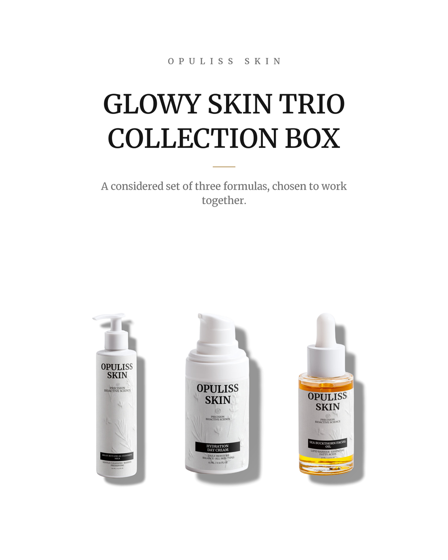 Glowy Skin Trio Collection Box, the formulas of the set shown together