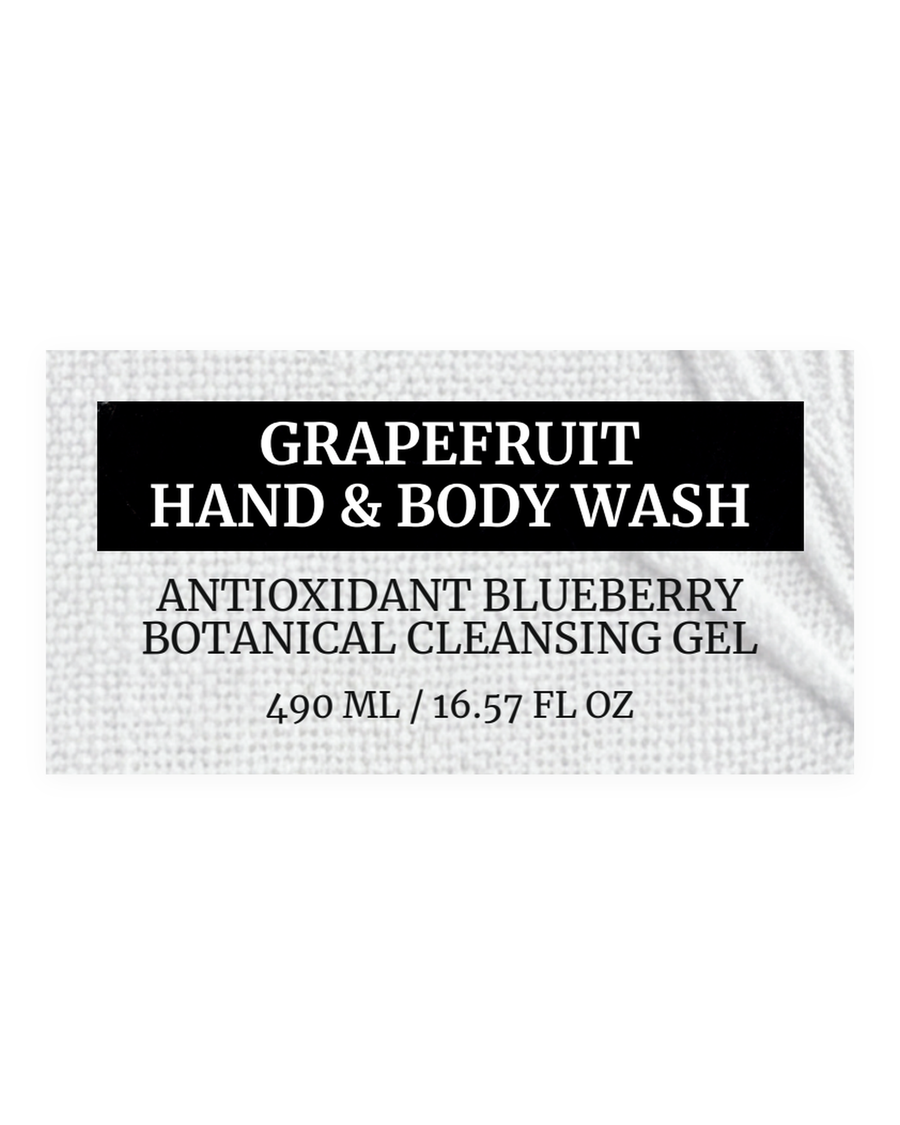 GRAPEFRUIT BODY WASH product label, blueberry botanical, antioxidant, cleansing gel, 490 ml / 16.57 fl oz