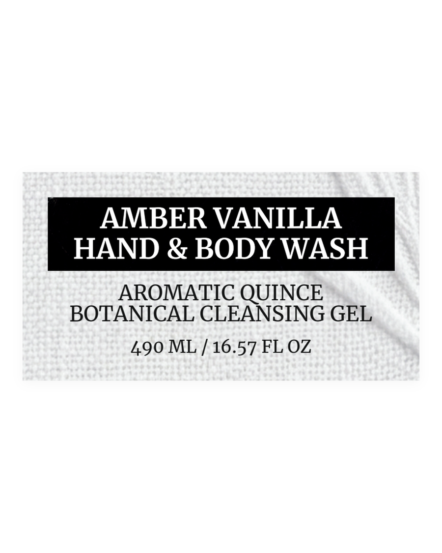 AMBER VANILLA BODY WASH product label, quince botanical, amber vanilla, cleansing gel, 490 ml / 16.57 fl oz