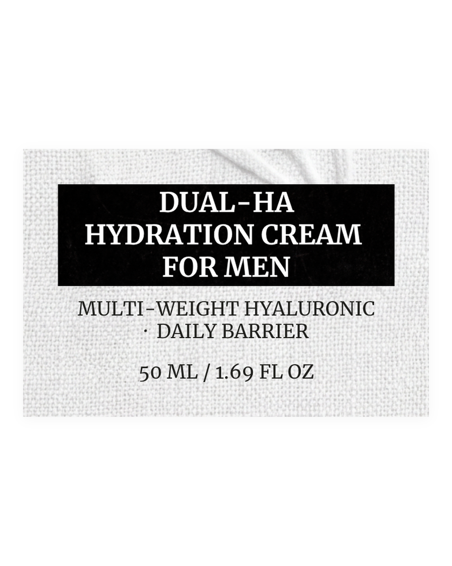 DUAL HA HYDRATION CREAM FOR MEN product label, multi-weight hyaluronic, daily barrier, 50 ml / 1.69 fl oz