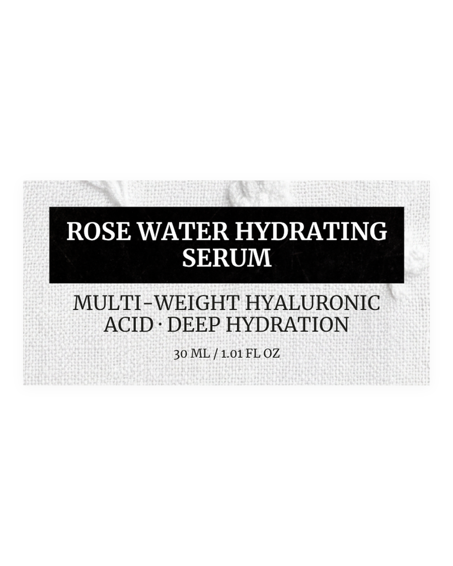 ROSE WATER HYDRATING SERUM product label, multi-weight hyaluronic acid, deep hydration, 30 ml / 1.01 fl oz