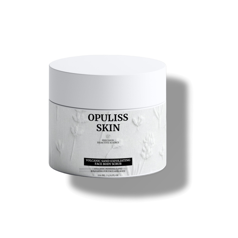 VOLCANIC SAND EXFOLIATING FACE BODY SCRUB product bottle, front label, corrected wording