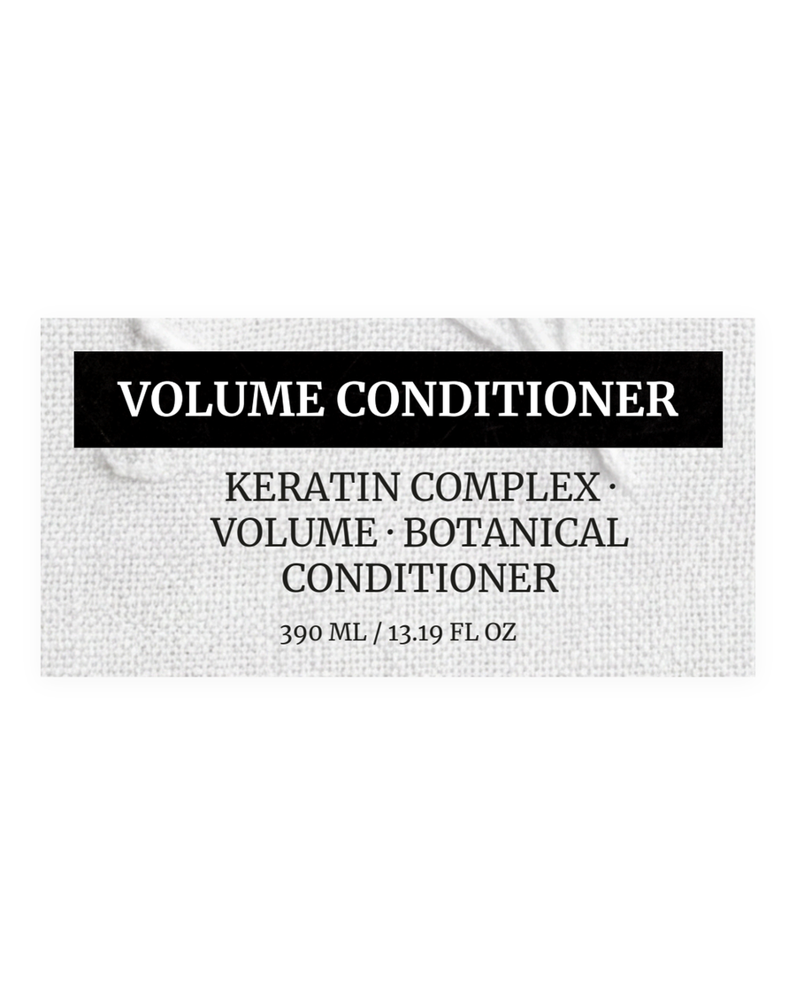 VOLUME CONDITIONER product label, keratin complex, volume, botanical conditioner, 390 ml / 13.19 fl oz
