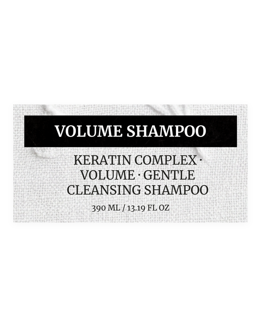 VOLUME SHAMPOO product label, keratin complex, volume, gentle cleansing shampoo, 390 ml / 13.19 fl oz