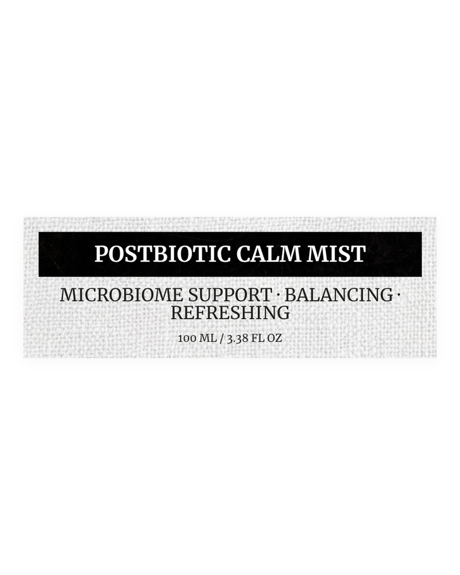 POSTBIOTIC CALM MIST product label, microbiome support, balancing, refreshing, 100 ml / 3.38 fl oz