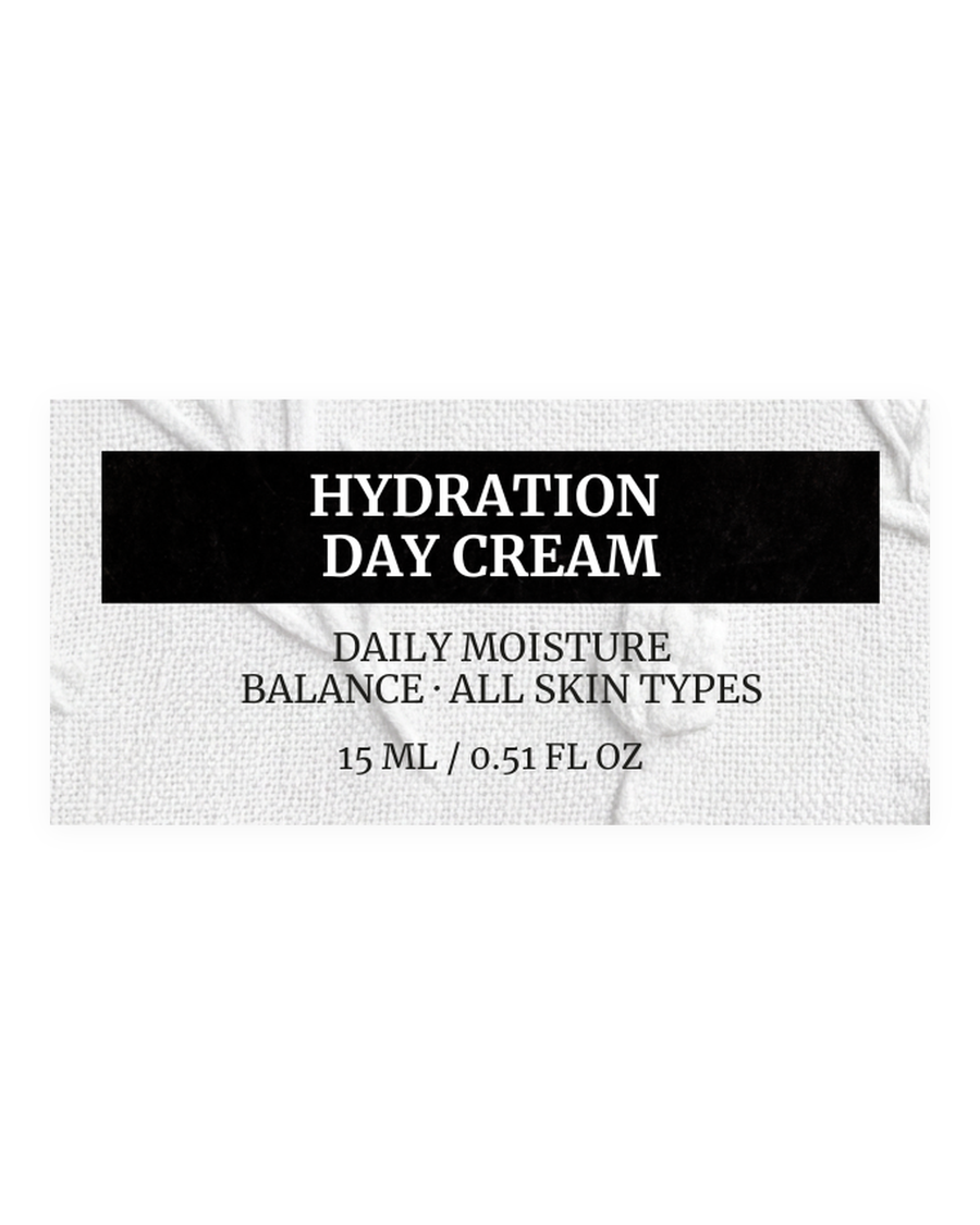 HYDRATION DAY CREAM 15 ML product label, daily moisture balance, all skin types, 15 ml / 0.51 fl oz