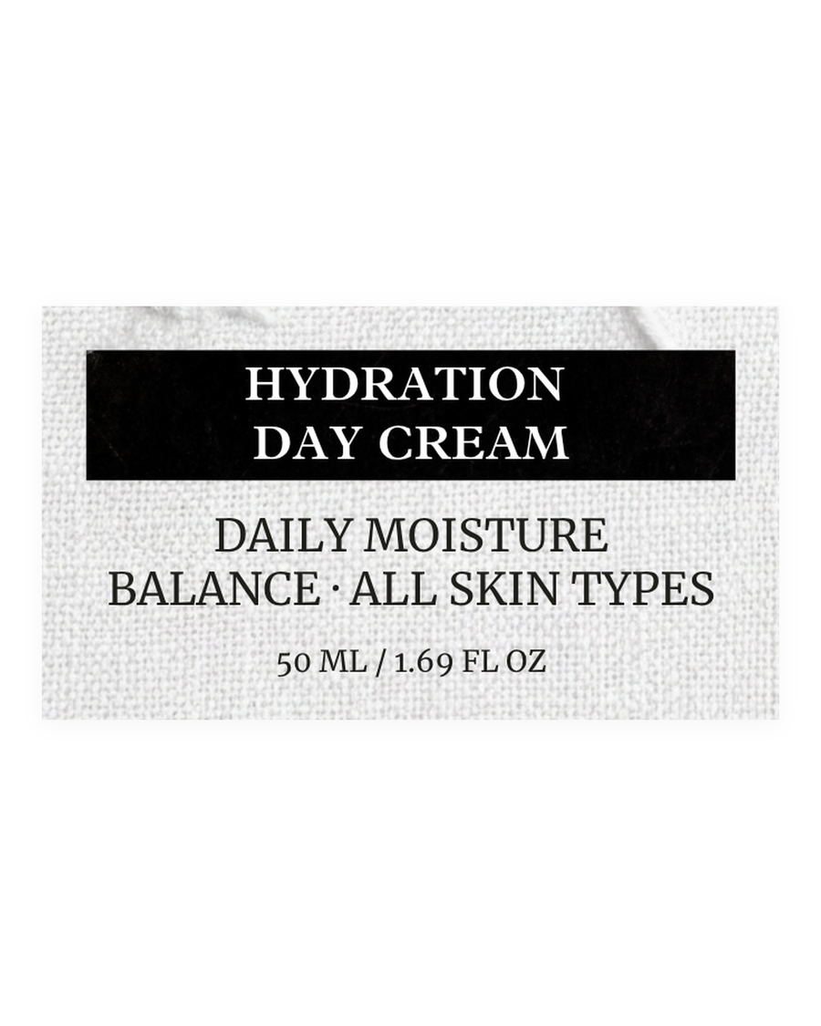 HYDRATION DAY CREAM 50 ML product label, daily moisture balance, all skin types, 50 ml / 1.69 fl oz