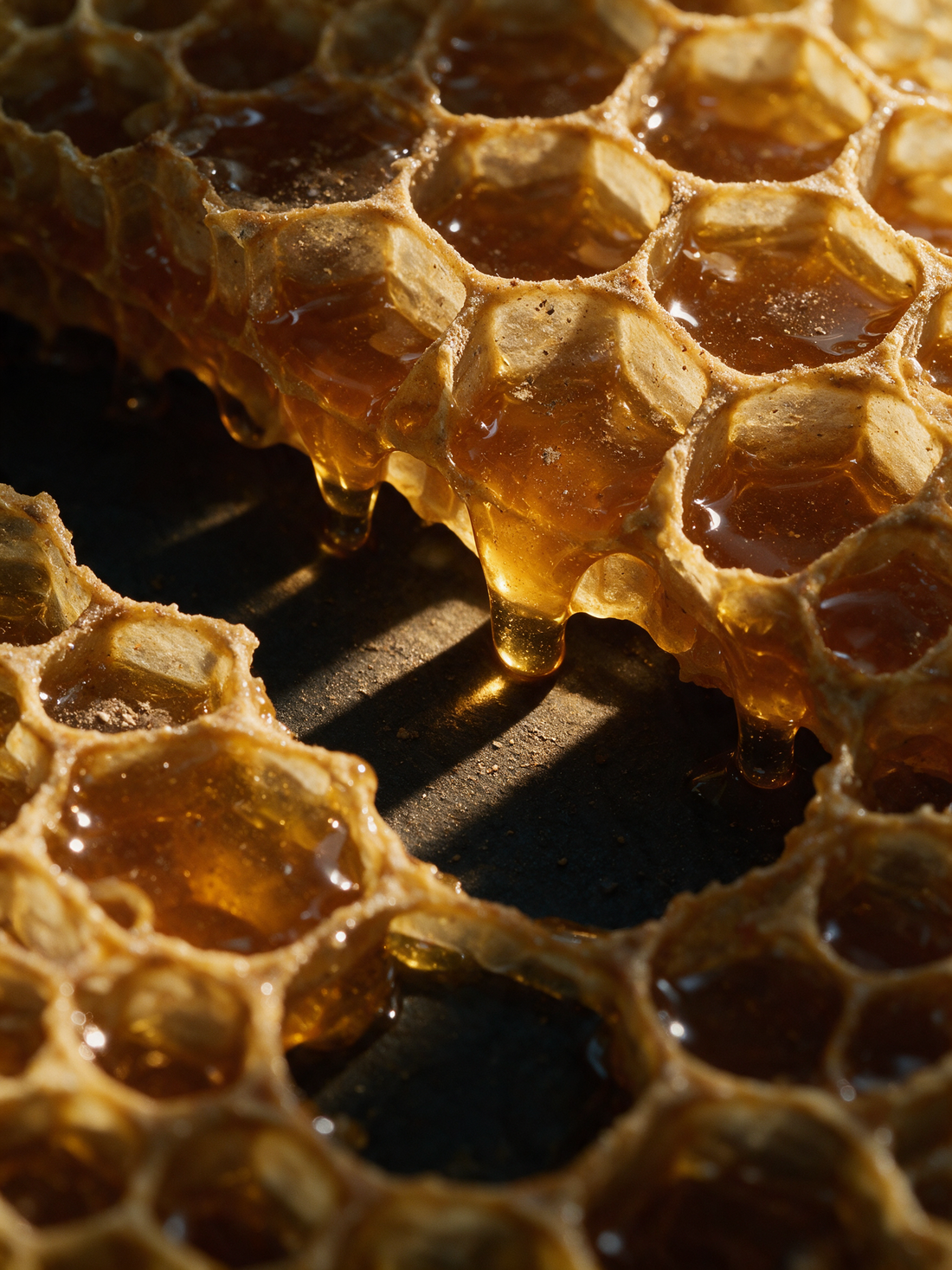 Raw honeycomb dripping, wax cells thick with amber honey