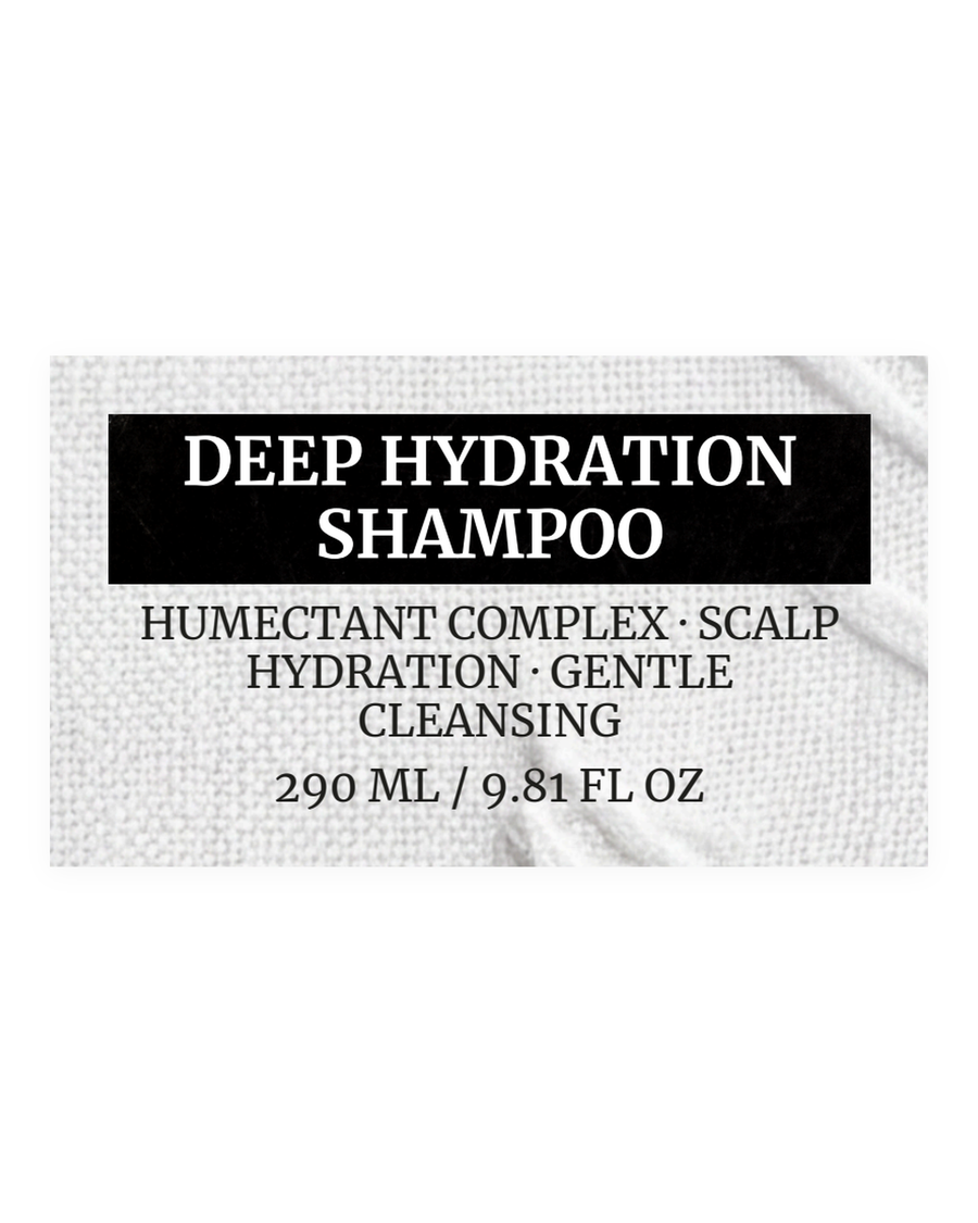 DEEP HYDRATION SHAMPOO product label, humectant complex, scalp hydration, gentle cleansing, 290 ml / 9.81 fl oz