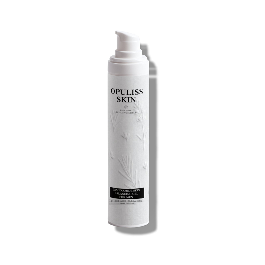 NIACINAMIDE SKIN BALANCING GEL FOR MEN product bottle, front label, corrected wording