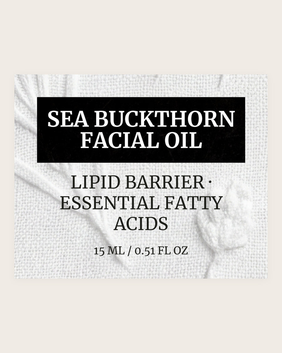 SEA BUCKTHORN FACIAL OIL product label, sea buckthorn fruit oil, lipid barrier support, 15 ml / 0.51 fl oz