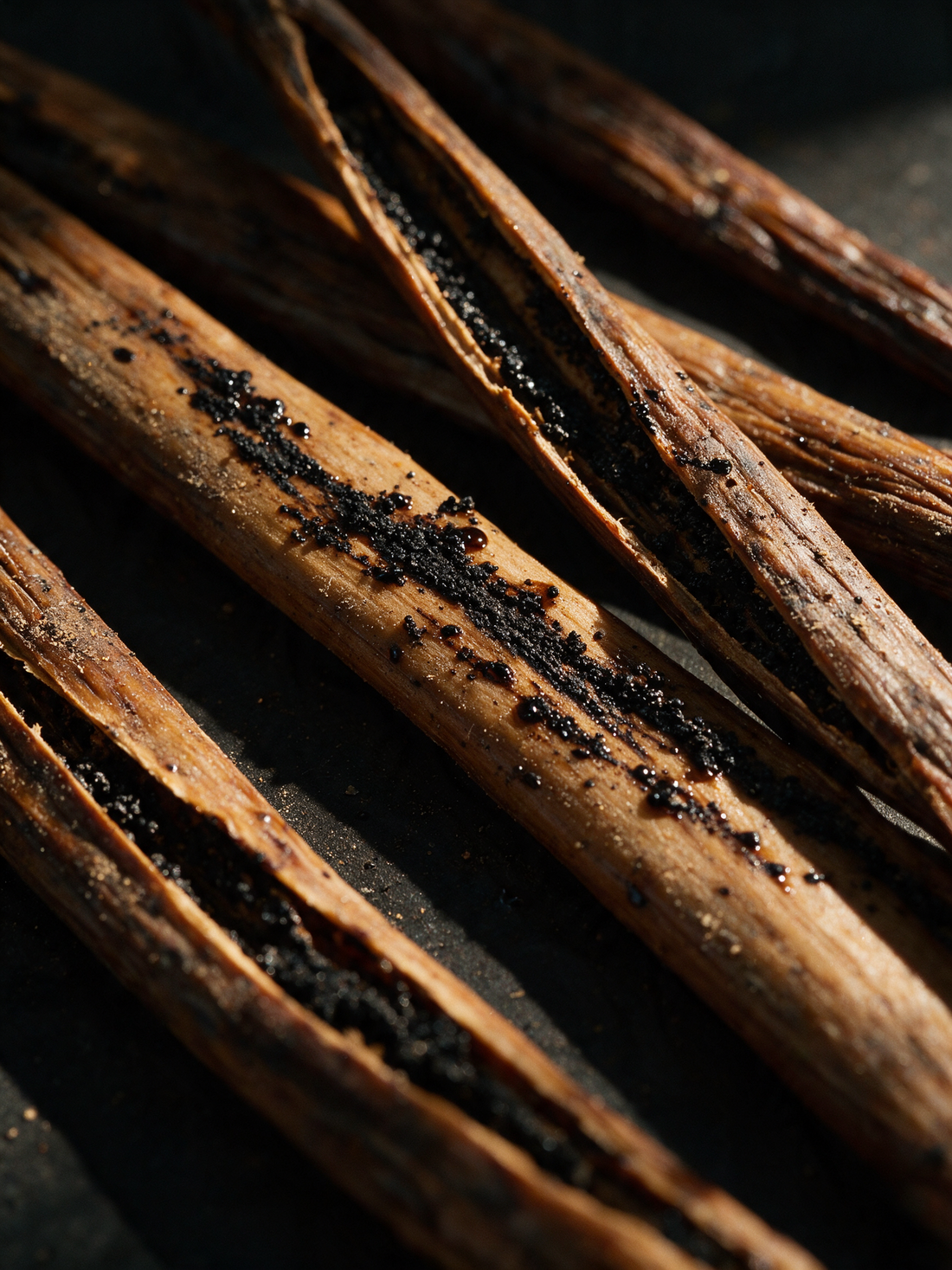 Split vanilla pods, oily black seeds scraped across the beans